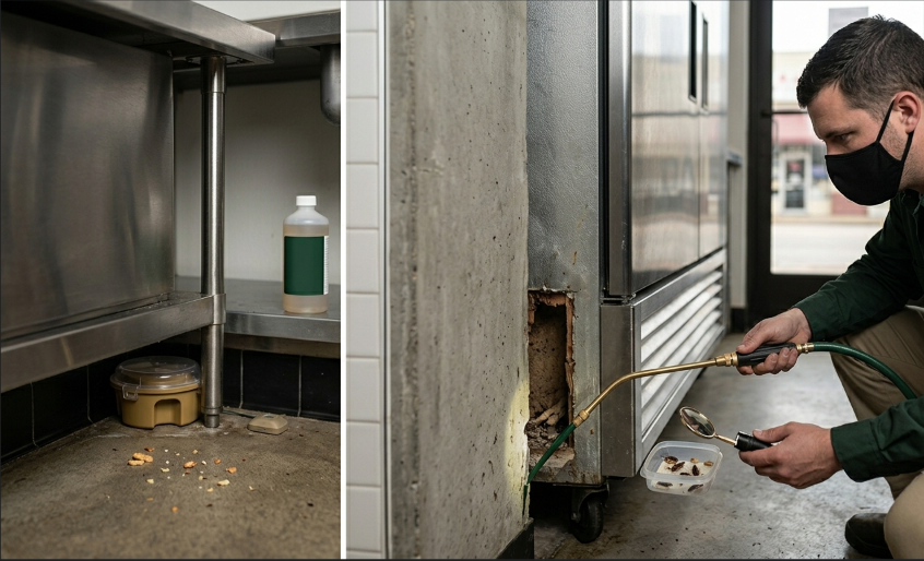 Commercial cockroach pest control in Baton Rouge showing a technician inspecting a restaurant kitchen and applying targeted crack treatment.