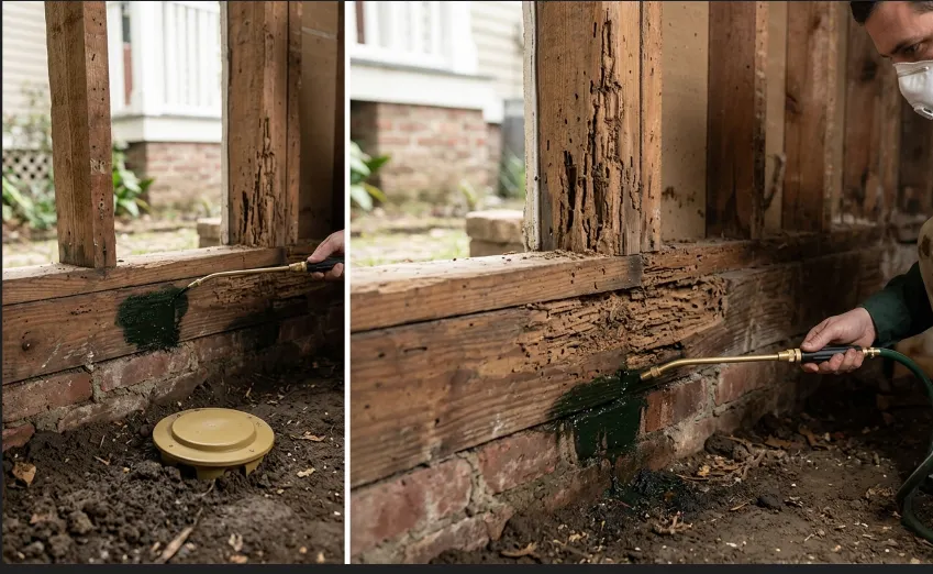 Professional termite pest control in Baton Rouge showing a technician applying liquid barrier treatment to damaged structural wood framing.