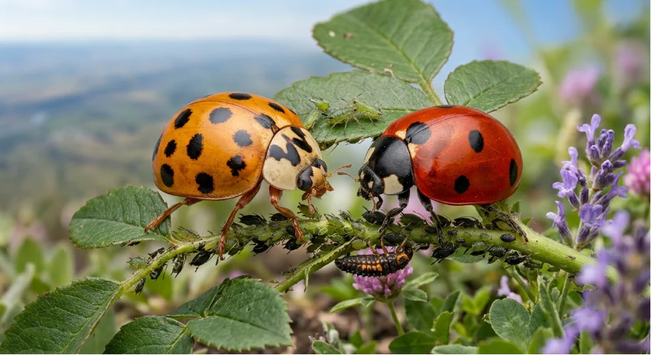 An orange Asian lady beetle with an M-shaped marking on the left and a red ladybug on the right on a green stem, illustrating can ladybugs fly compared to lookalikes.