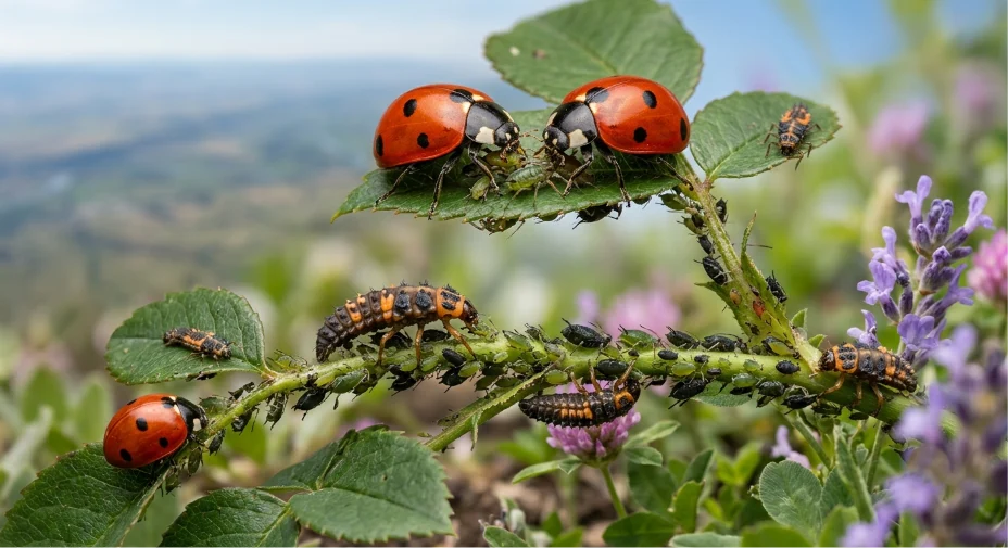 Adult ladybugs and black and orange larvae crawling on a green plant stem covered in aphids, answering why can ladybugs fly to find food.