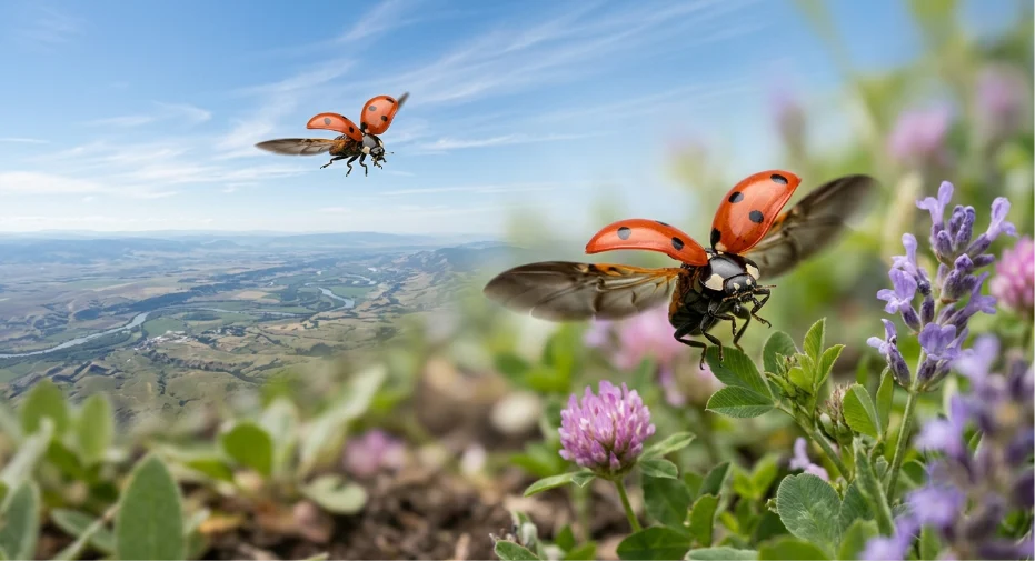 Two red ladybugs flying high above a mountain valley and a field of purple flowers, demonstrating how high can ladybugs fly.