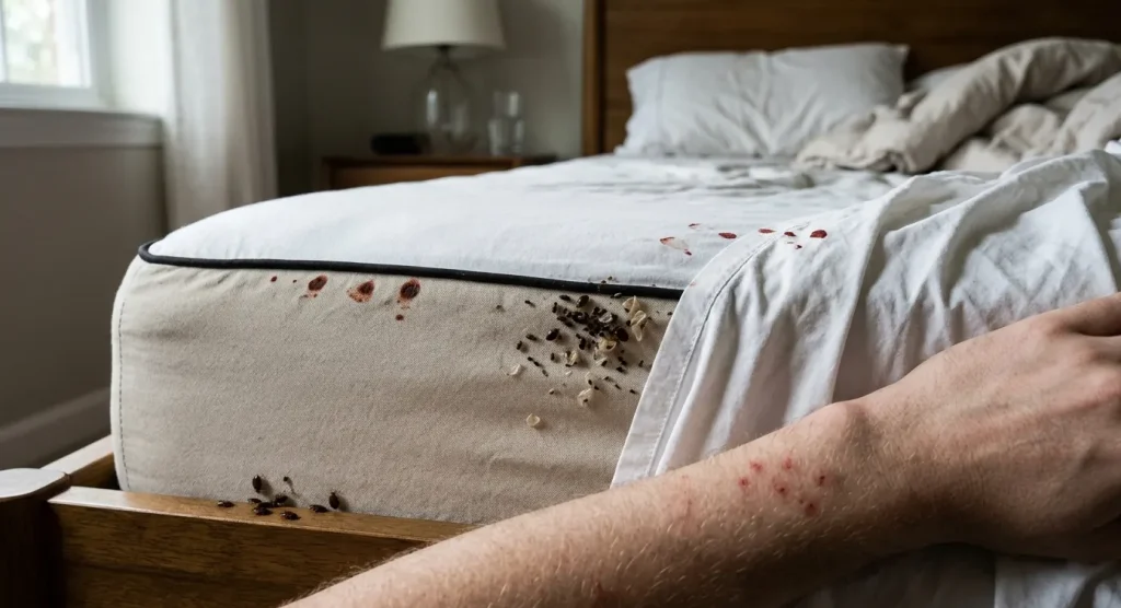 Close-up view of a mattress seam showing signs of infestation that require bed bug treatment in Mandeville.