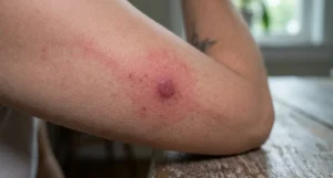 Red, swollen bite marks on a person's forearm showing skin reactions from a kissing bug bite.