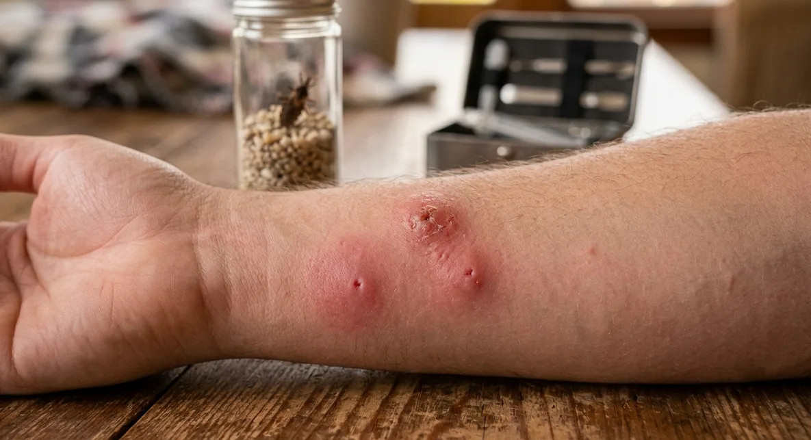 A close-up photograph of two red, inflamed kissing bug bites on a person's forearm, with a specimen in a glass jar and a test kit visible in the blurred background.