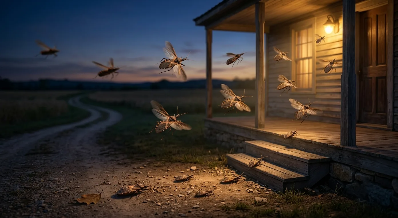 An adult kissing bug flying near an outdoor porch light at dusk.